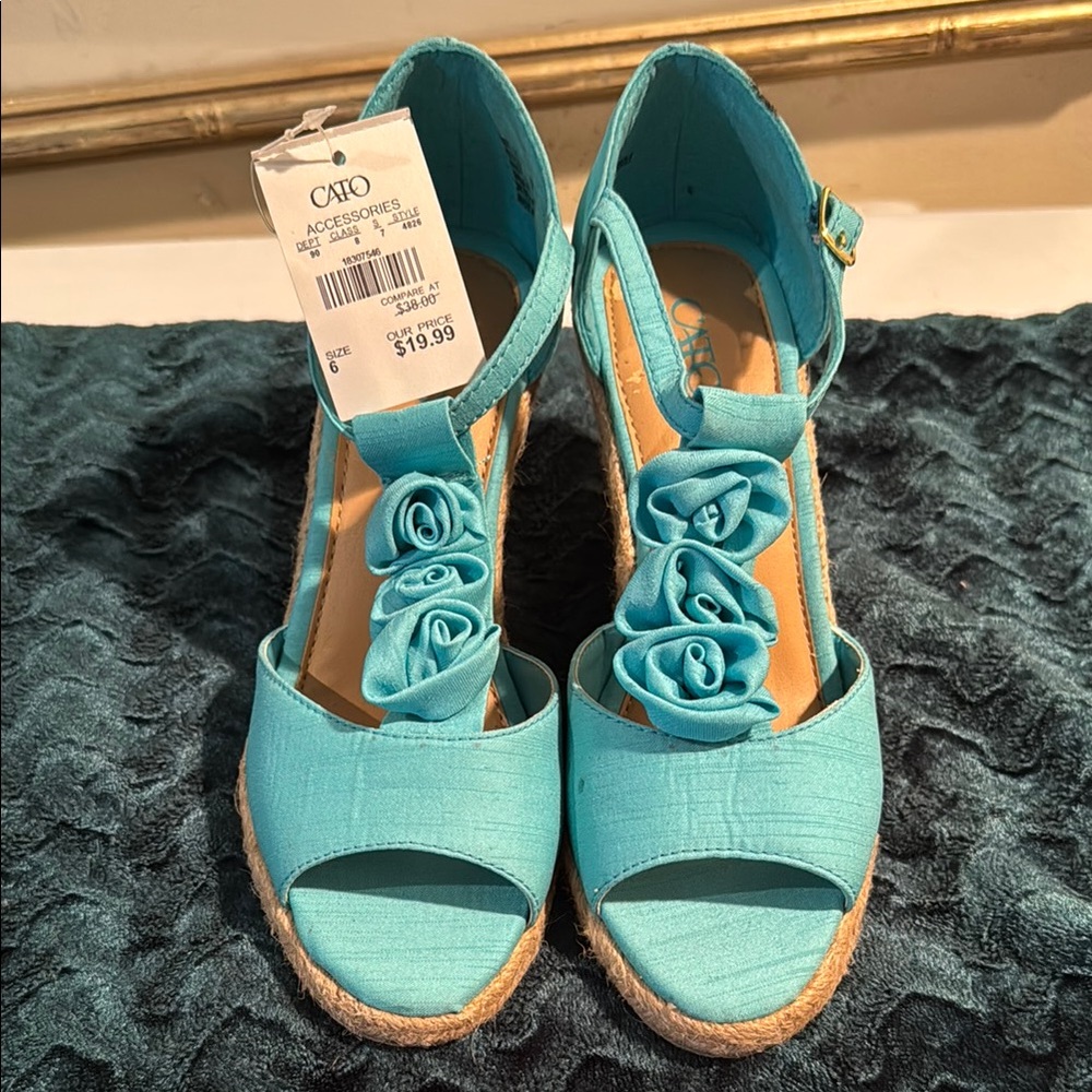 Cato Blue Espadrilles with Wedge Heel and Floral Accents